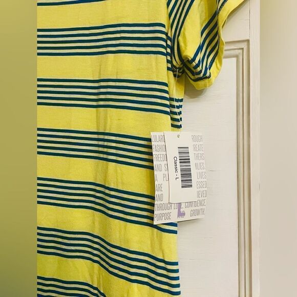 LuLaRoe Women’s Large Yellow w/Blue Stripes Classic Tee Blouse Coastal Comfy - Picture 13 of 16